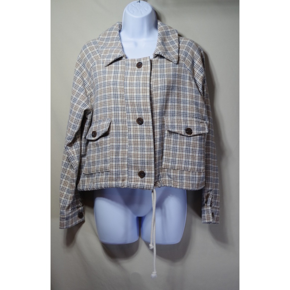 Cozy Co. by Cozy Casual Small Plaid Cropped Jacket Tan Brown Grey Drawstring Hem
